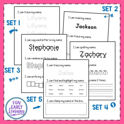 Editable Name Practice Activities for Preschool and Kindergarten. 10 fun name writing worksheets / printables included! Easy to use and edit! #namepractice #nameworksheets #funearlylearning