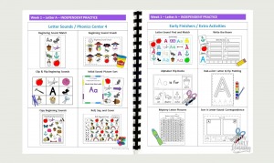 Letters and Phonics Alphabet Curriculum lesson plans. Detailed calendar with circle time, lesson plans, small group instruction, centers, activities, art projects, science experiments, and assessments.