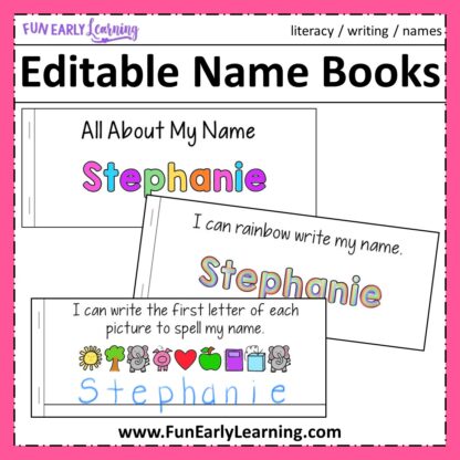 Editable Name Books fun name writing activities for preschool and kindergarten. 12 fun name activities per book!