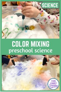 Fun preschool winter science activities. Winter snow activities and crafts for learning color mixing in preschool and fine motor skills.